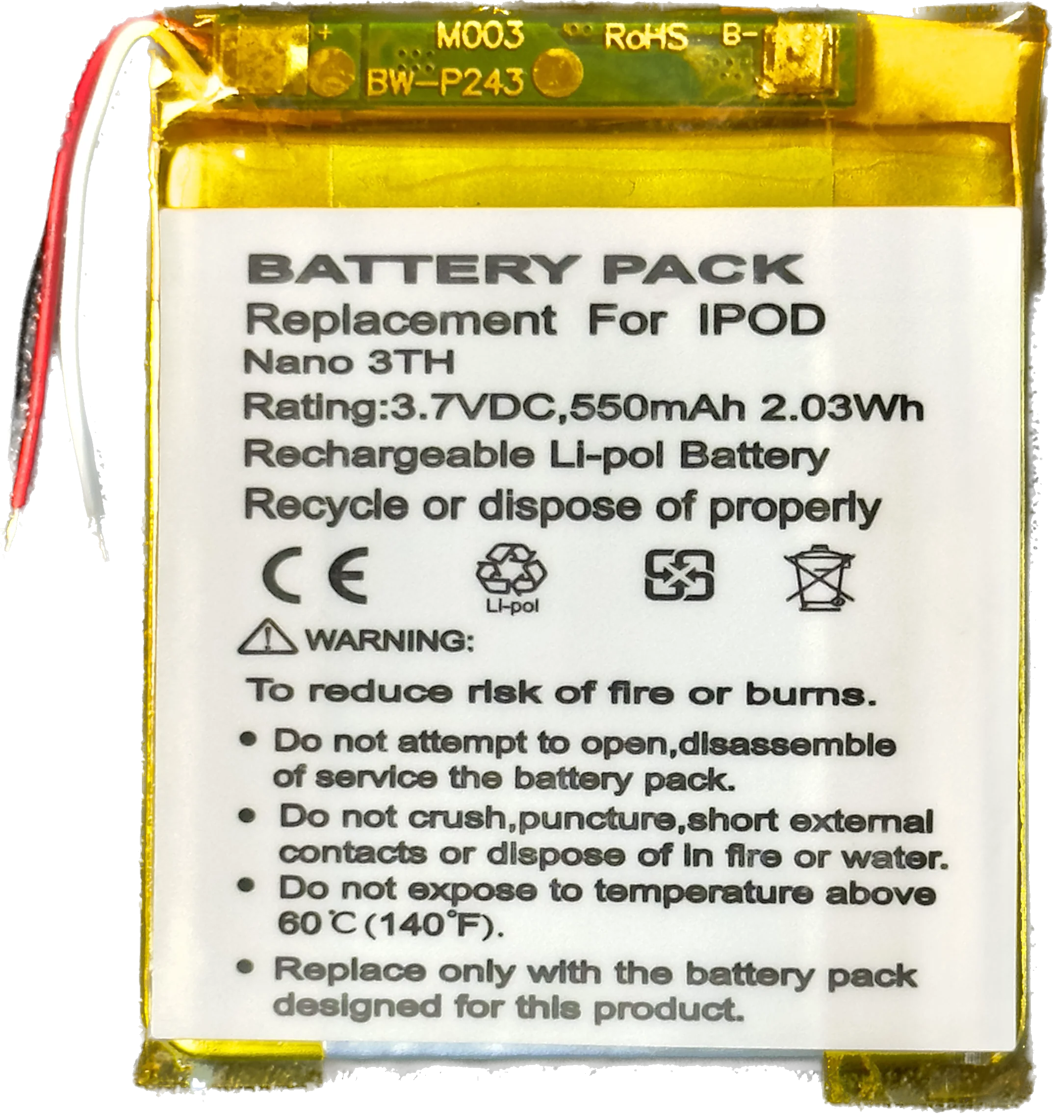 550mah Lithium Polymer Replacement Battery for Apple iPod Nano 3rd Generation A1236