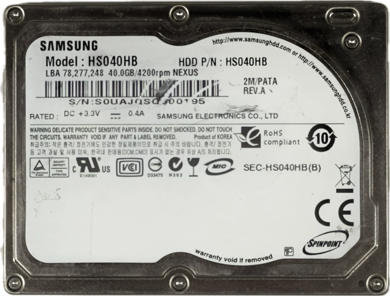 Samsung HS040HB 40GB Thin ZIF HDD Hard Drive 1.8" 40-pin for Apple iPod Classic